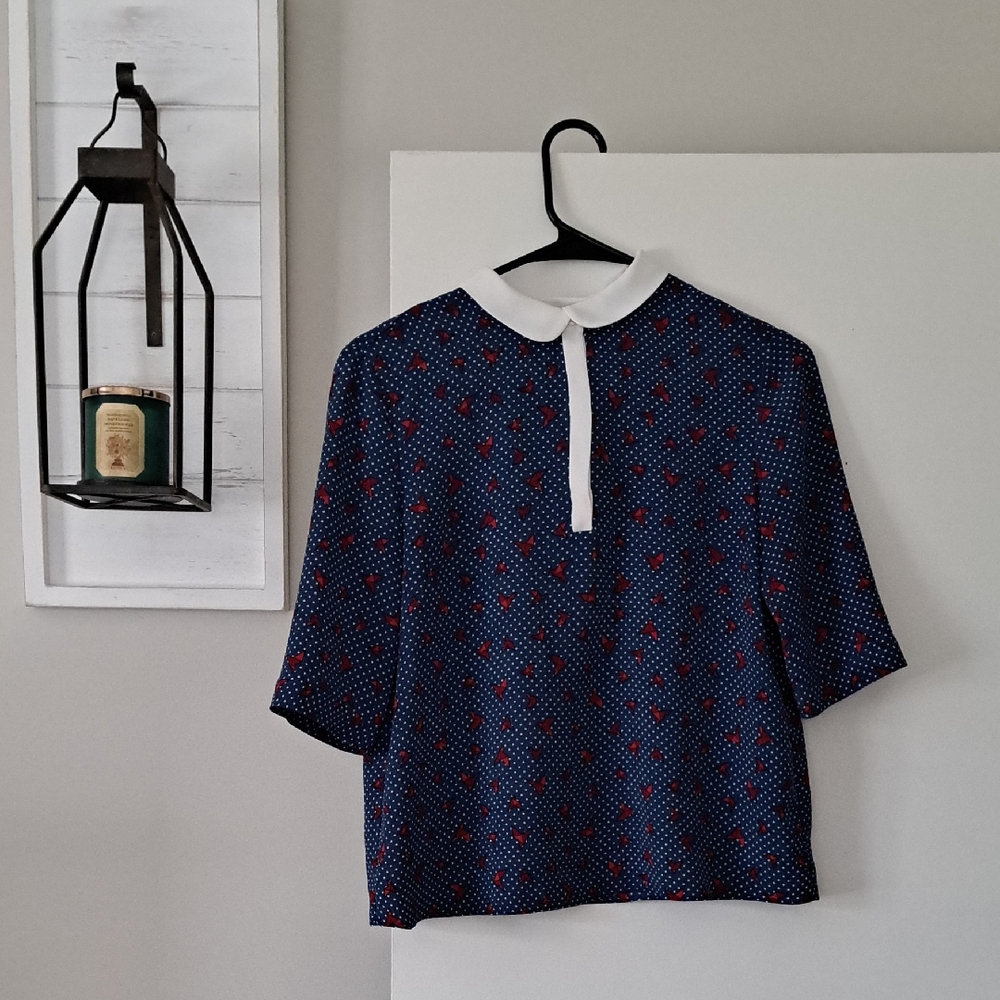 Zara Navy Blue Blouse White Collar